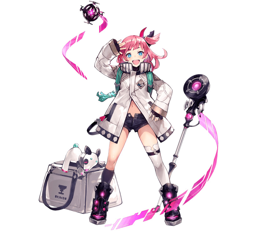 1girl, :d, aqua_eyes, arm_up, armored_boots, asymmetrical_legwear, black_boots, black_gloves