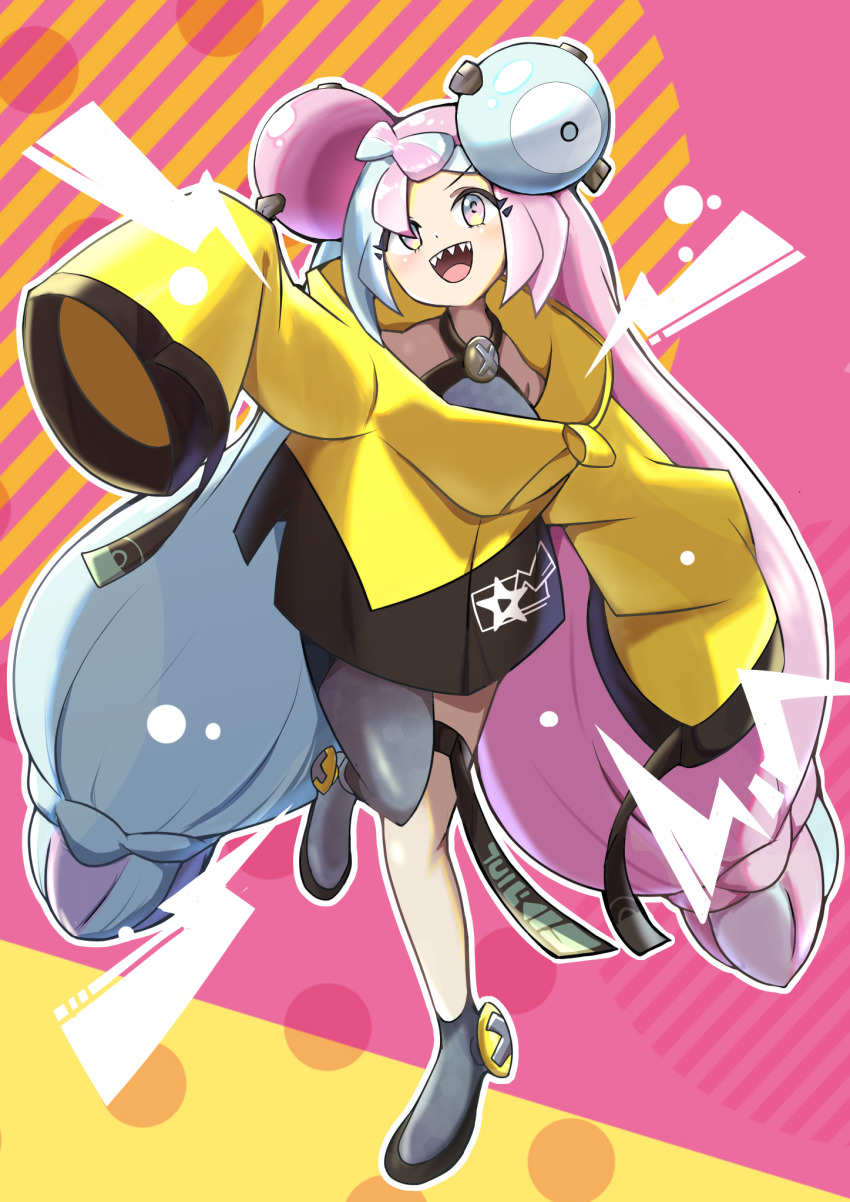 1girl, asymmetrical_legwear, blue_hair, character_hair_ornament, coat, full_body, gtbowl, hair_ornament, highres, iono_(pokemon), looking_at_viewer, multicolored_hair, nintendo, pink_eyes, pink_hair, pokemon, pokemon_scarlet_and_violet, sharp_teeth, solo, standing, standing_on_one_leg, teeth, two-tone_hair, yellow_coat
