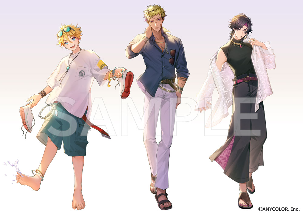 3boys, :d, barefoot, black_footwear, black_hair, black_pants, black_shirt, blonde_hair