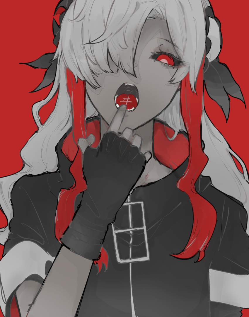 1girl, alternate_eye_color, alternate_skin_color, asymmetrical_sleeves, bad_id, bad_twitter_id, black_coat, black_gloves