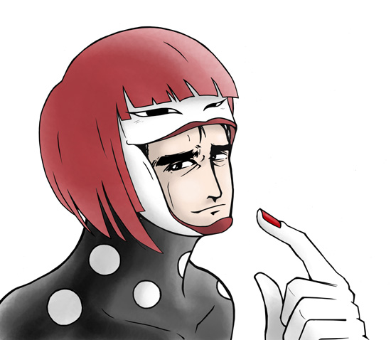 2boys, abe_takakazu, black_eyes, black_hair, crossover, kuso_miso_technique, momoiro_afuru, multiple_boys, pale_skin, parody, pink_hair, pointing, tommyrod, toriko_(series), what