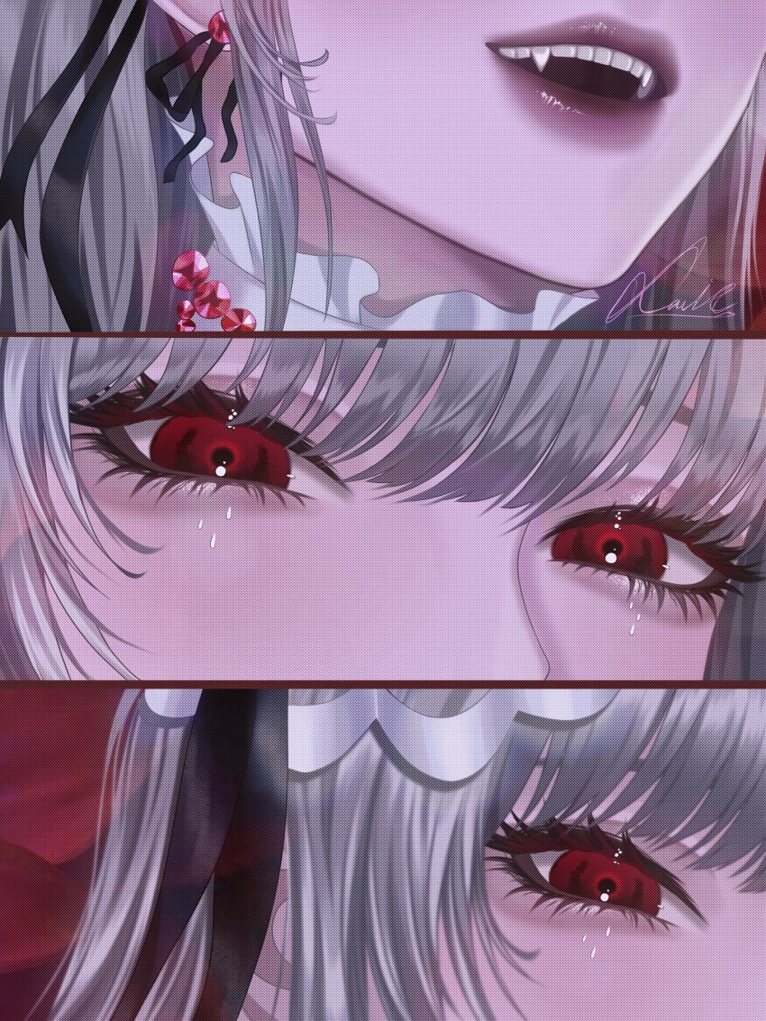 1girl, close-up, collar, commentary, coquelic_(path_to_nowhere), english_commentary, eye_focus, facial_mark, fang, film_grain, frilled_collar, frills, highres, lips, looking_at_viewer, mouth_focus, open_mouth, path_to_nowhere, realistic_teeth, red_eyes, ribbon_earrings, solo, straight_hair, teardrop_facial_mark, teeth, upper_teeth_only, white_hair, xaviedrk