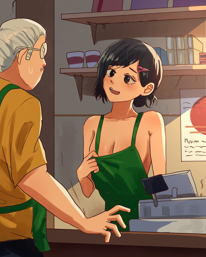 1boy, 1girl, absurdres, apron, artist_name, black_eyes, black_hair, black_pants, blush, breasts, cafe, cash_register, clothed_male_nude_female, collarbone, cup, disposable_coffee_cup, disposable_cup, facial_hair, glasses, hair_ornament, hairclip, highres, holding_apron, husband_and_wife, iced_latte_with_breast_milk_(meme), looking_at_another, medium_breasts, meme, mustache, naked_apron, no_mole, nude, open_mouth, pants, pluvion, sakamoto_aoi_(sakamoto_days), sakamoto_days, sakamoto_taro, shirt, smile, solo, standing, white_hair, yellow_shirt