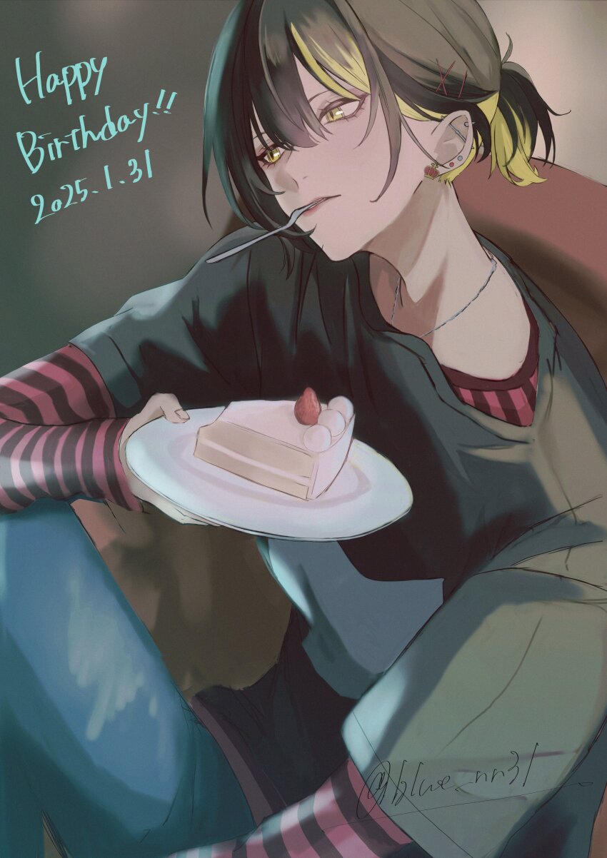 1girl, absurdres, alternate_costume, alternate_hairstyle, arm_at_side, artist_name, birthday, black_hair