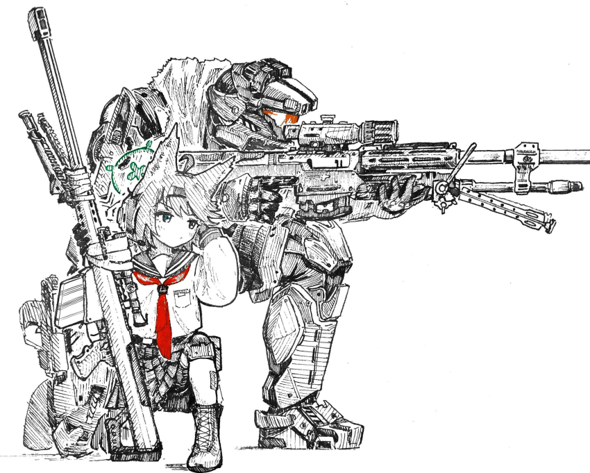 1boy, 1girl, absurdres, aiming, animal_ears, anti-materiel_rifle, armor, barrett_m82, bike_shorts, bike_shorts_under_skirt, blue_archive, boots, crossover, fox_ears, fox_girl, greyscale, gun, halo, halo:_reach, halo_(series), headband, headset, helmet, highres, holding, holding_gun, holding_weapon, jun-a266, long_sleeves, monochrome, neckerchief, on_one_knee, otogi_(blue_archive), pleated_skirt, red_neckerchief, rifle, sailor_collar, school_uniform, serafuku, shiokaze1409, simple_background, skirt, sniper_rifle, spot_color, srs99, weapon