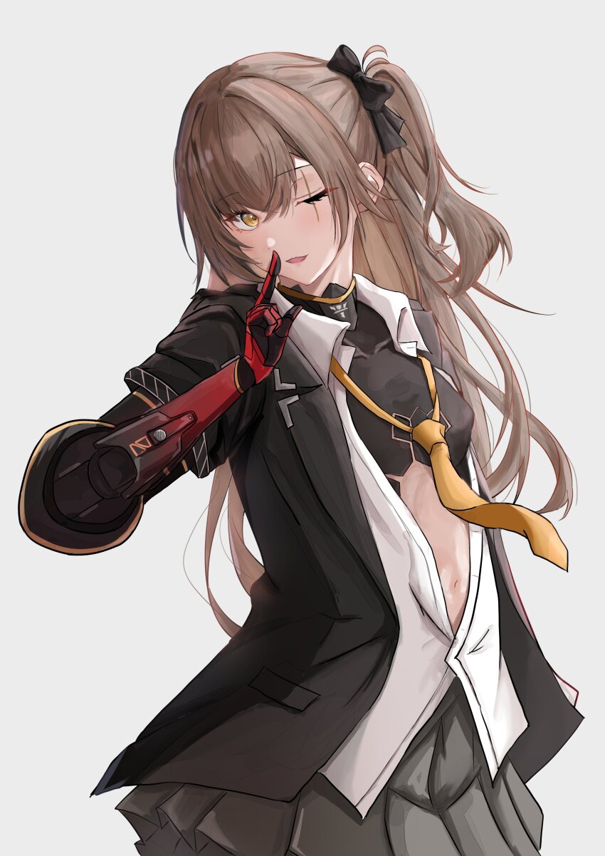 1girl, absurdres, black_jacket, bow, breasts, brown_hair, collared_shirt, finger_to_mouth