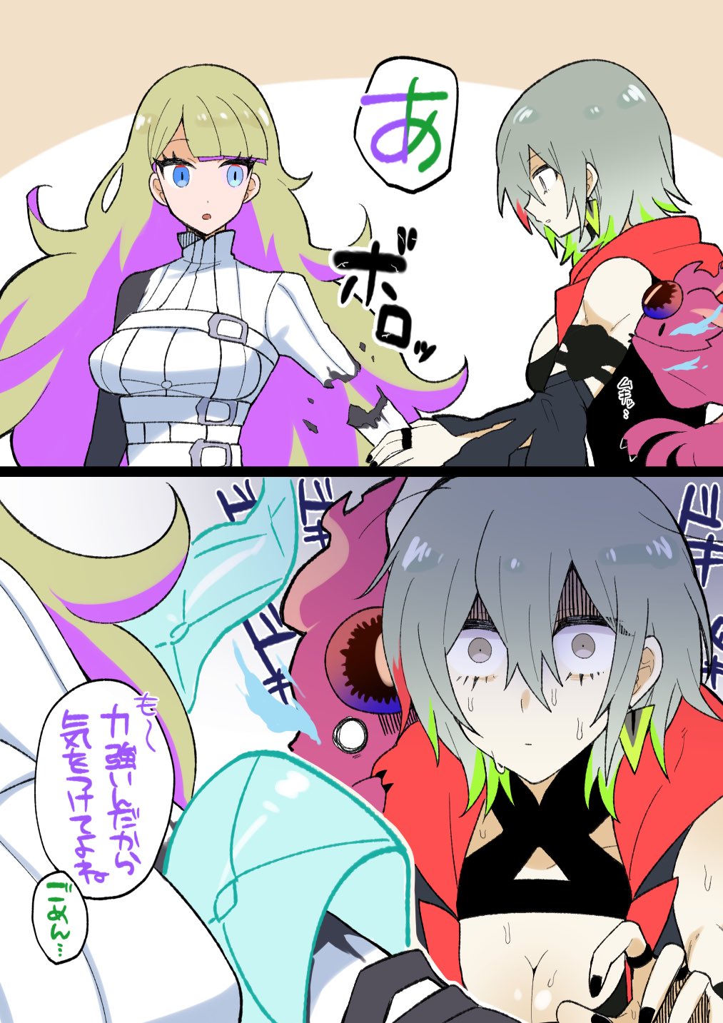 2girls, black_hood, blonde_hair, blue_eyes, breasts, cleavage, colored_tips, commentary_request