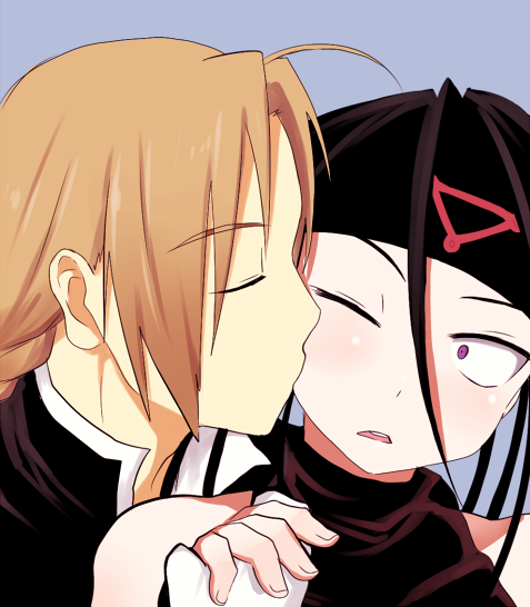 2boys, androgynous, black_hair, blonde_hair, blush, braid, closed_eyes, edward_elric, envy_(fma), fullmetal_alchemist, headband, hiroshi_(kitaro), holding_hands, homunculus, itou_(itsuko), kiss, long_hair, male_focus, multiple_boys, open_mouth, pale_skin, purple_eyes, simple_background, single_braid, skin_tight, sleeveless, surprised, yaoi