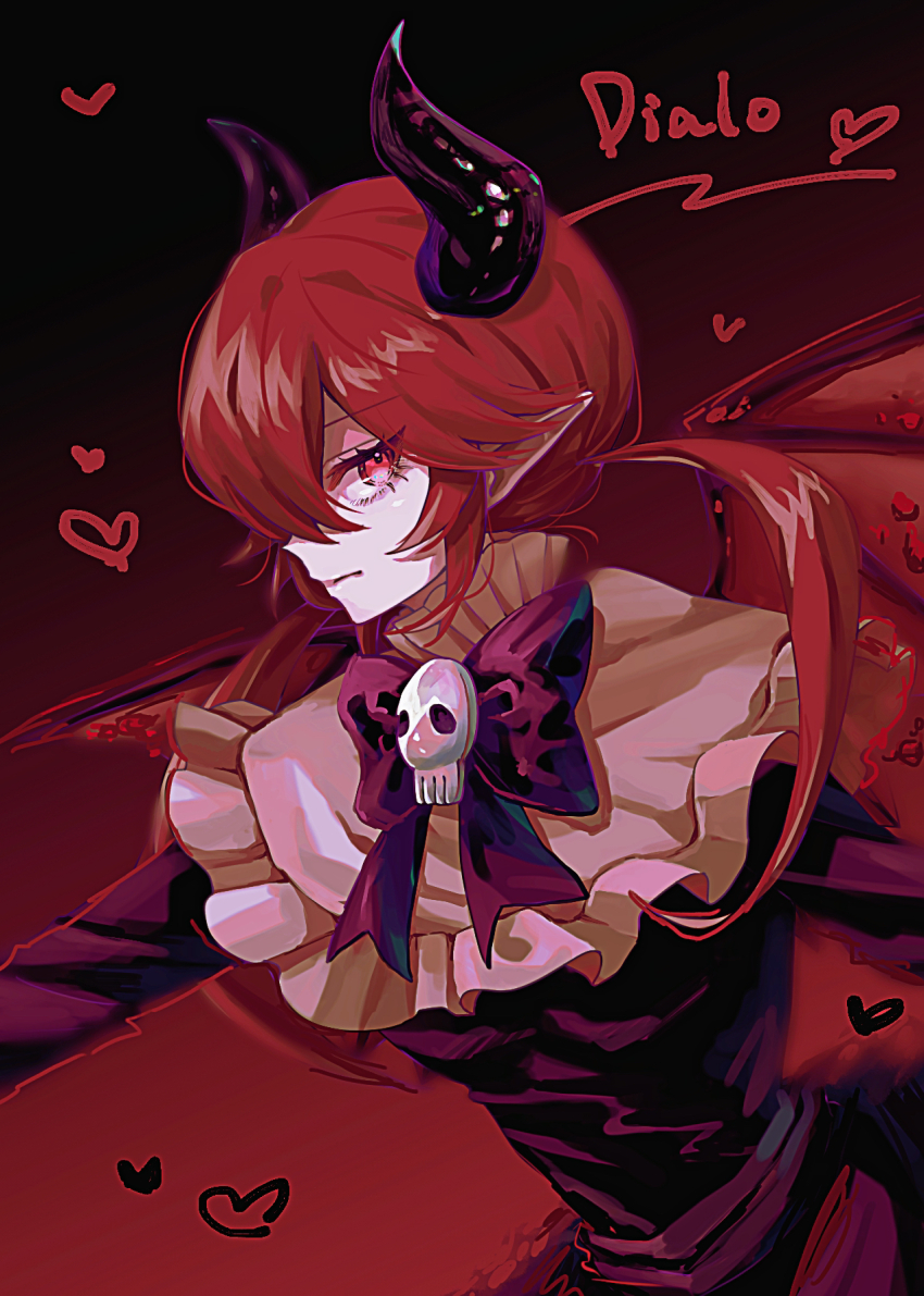 1girl, black_background, black_bow, black_bowtie, black_dress, black_horns, bow, bowtie