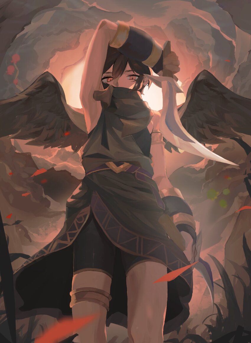 1boy, angel, angel_wings, bike_shorts, black_hair, commentary, dark_pit, english_commentary, highres, kid_icarus, kid_icarus_uprising, looking_at_viewer, looking_down, male_focus, mik_(kid_icarus), monoeye_(kid_icarus), nintendo, outdoors, red_eyes, silver_bow_(kid_icarus), solo_focus, standing, wings, yuuri_snpr