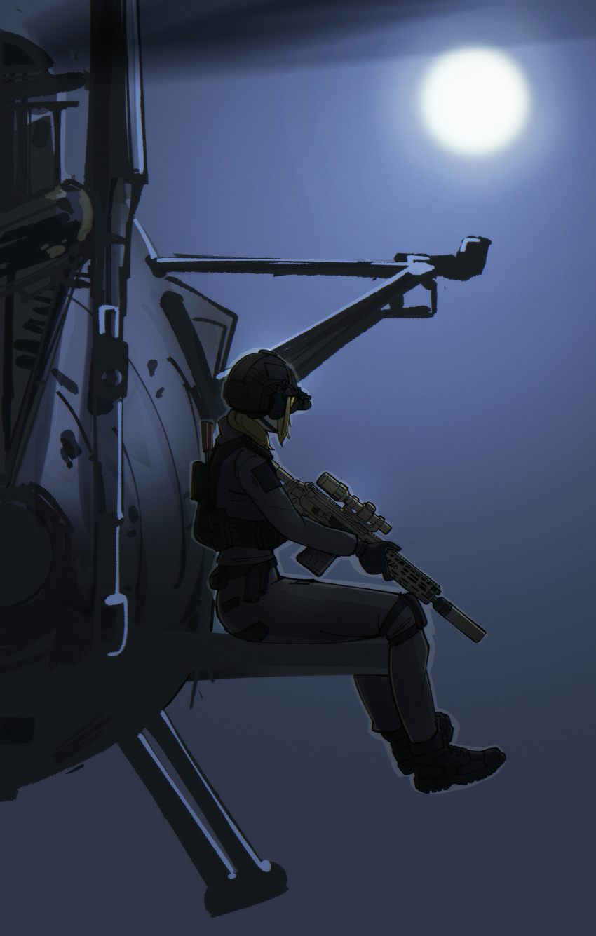 1girl, aircraft, assault_rifle, blonde_hair, combat_helmet, gun, helicopter, helmet, highres, holding, holding_gun, holding_weapon, load_bearing_vest, looking_afar, military_combat_uniform, military_uniform, moon, night, night_vision_device, nyagurisushi, original, rifle, scope, sig_mcx, sitting, solo, weapon