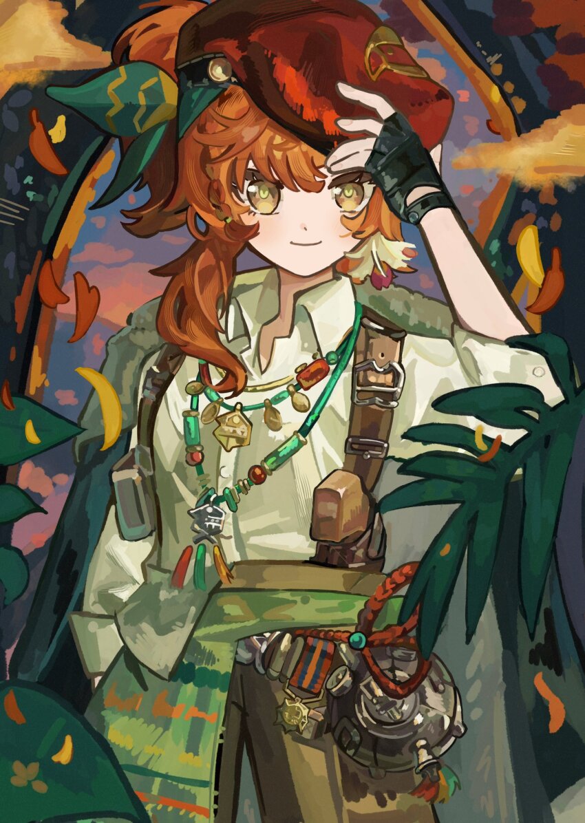 1girl, beret, black_gloves, brown_shorts, closed_mouth, collared_shirt, cowboy_shot, crucible