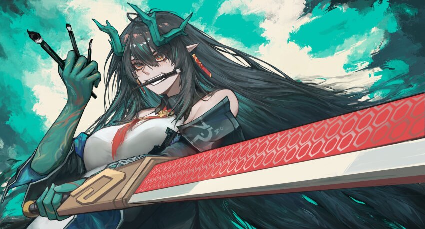 1girl, arknights, black_hair, calligraphy_brush, collared_shirt, commentary, dragon_girl, dragon_horns