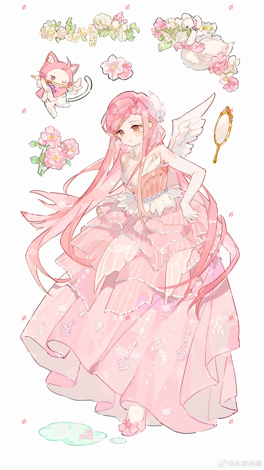 1girl, absurdres, ahoge, animal, bare_shoulders, bird, bird_wings, bow