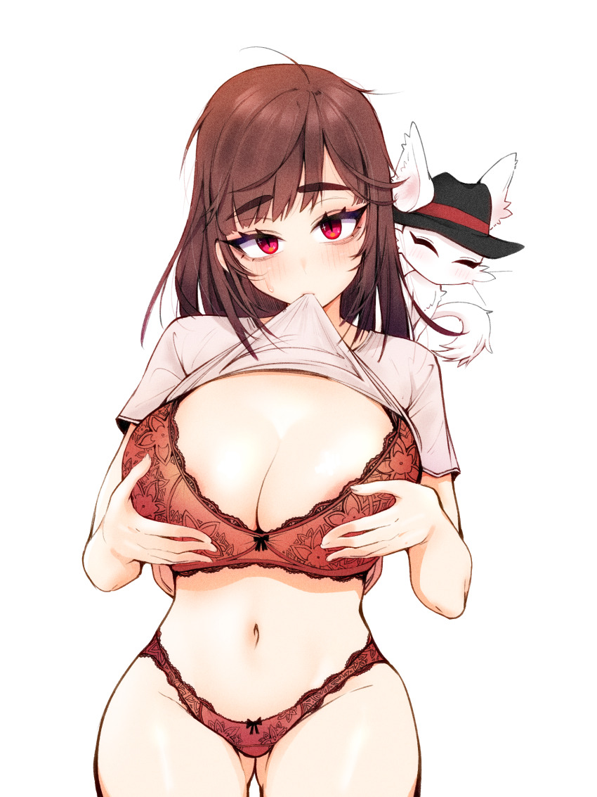1girl, absurdres, animal, animal_on_shoulder, biting, biting_clothes, black_hat, blush, bra, breasts, brown_bra, brown_hair, brown_panties, cleavage, clothes_lift, cowboy_shot, dot_nose, eyelashes, fox, gluteal_fold, grabbing_own_breast, groin, hat, highleg, highleg_panties, highres, large_breasts, lifting_own_clothes, long_hair, looking_at_viewer, navel, original, panties, parted_bangs, red_eyes, shirt, shirt_lift, short_sleeves, sidelocks, simple_background, solo, sweat, t-shirt, thick_eyebrows, underwear, white_background, white_shirt, yamma