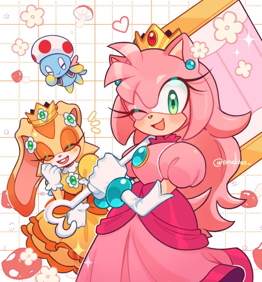 2girls, alternate_hairstyle, amy_rose, animal_ears, artist_name, bracelet, brooch, chao_(sonic), cheese_(sonic), closed_eyes, cosplay, cream_the_rabbit, crown, dress, earrings, einelitas, elbow_gloves, eyelashes, flower, flower_earrings, furry, furry_female, gloves, green_eyes, hammer, hedgehog, hedgehog_girl, highres, holding, holding_hammer, jewelry, long_hair, looking_at_viewer, mario_(series), multiple_girls, mushroom, nintendo, one_eye_closed, open_mouth, orange_dress, pink_dress, pink_fur, princess_daisy, princess_daisy_(cosplay), princess_peach, princess_peach_(cosplay), puffy_short_sleeves, puffy_sleeves, rabbit_ears, rabbit_girl, short_sleeves, sidelocks, smile, sonic_(series), sphere_earrings, tail, teeth, toad_(mario), toad_(mario)_(cosplay), toy_hammer, two-tone_fur, very_long_ears, white_gloves
