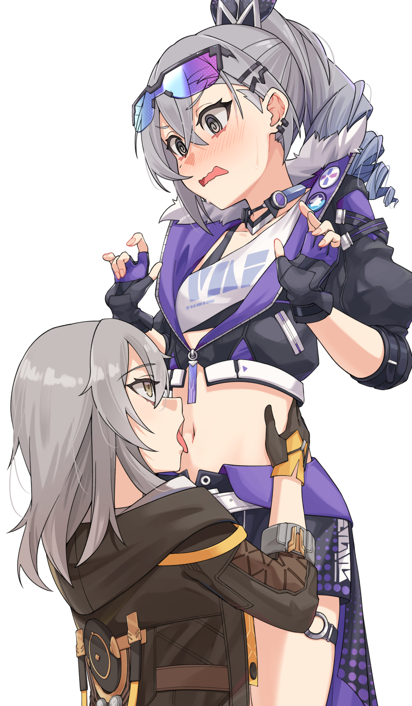 2girls, @_@, absurdres, black_gloves, black_jacket, black_shorts, blush, breasts, crossed_bangs, drill_hair, drill_ponytail, earrings, eyewear_on_head, fingerless_gloves, fur-trimmed_jacket, fur_trim, gloves, gradient-tinted_eyewear, grey_eyes, grey_hair, guruten3347, hair_ornament, hairclip, hands_on_another's_hips, highres, honkai:_star_rail, honkai_(series), jacket, jewelry, licking, licking_stomach, long_hair, midriff, multiple_girls, navel, ponytail, purple-tinted_eyewear, shirt, shorts, silver_wolf_(honkai:_star_rail), single-shoulder_shirt, single_drill, small_breasts, stelle_(honkai:_star_rail), sweat, tinted_eyewear, tongue, tongue_out, trailblazer_(honkai:_star_rail), yellow_eyes, yuri