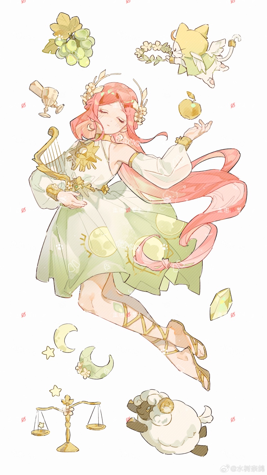 1girl, absurdres, animal, apple, bare_shoulders, bracelet, cat, chalice, closed_eyes, closed_mouth, clothed_animal, commission, crescent, crescent_earrings, crystal, cup, detached_sleeves, dress, drill_hair, earrings, expressionless, eyelashes, floating, floating_clothes, floating_hair, flower, food, fruit, full_body, gold_bracelet, gold_choker, golden_apple, gradient_clothes, gradient_dress, grapes, green_dress, highres, holding, holding_harp, holding_wrench, huaning_haoxiao_ning, infinity_nikki, jewelry, laurel_crown, leg_ribbon, light_blush, long_hair, long_sleeves, low-tied_long_hair, medium_dress, momo_(nikki), moon_print, nikki_(nikki), nikki_(series), object_floating_above_hand, pink_hair, pleated_dress, puffy_long_sleeves, puffy_sleeves, ribbon, sample_watermark, sandals, second-party_source, see-through_clothes, see-through_sleeves, sheep, simple_background, sleeveless, sleeveless_dress, toes, very_long_hair, watermark, watermark_grid, weibo_watermark, white_background, white_cat, white_dress, white_flower, white_sleeves, wind_of_purity_(infinity_nikki), wrench, wrist_flower, yellow_ribbon, yellow_sandals