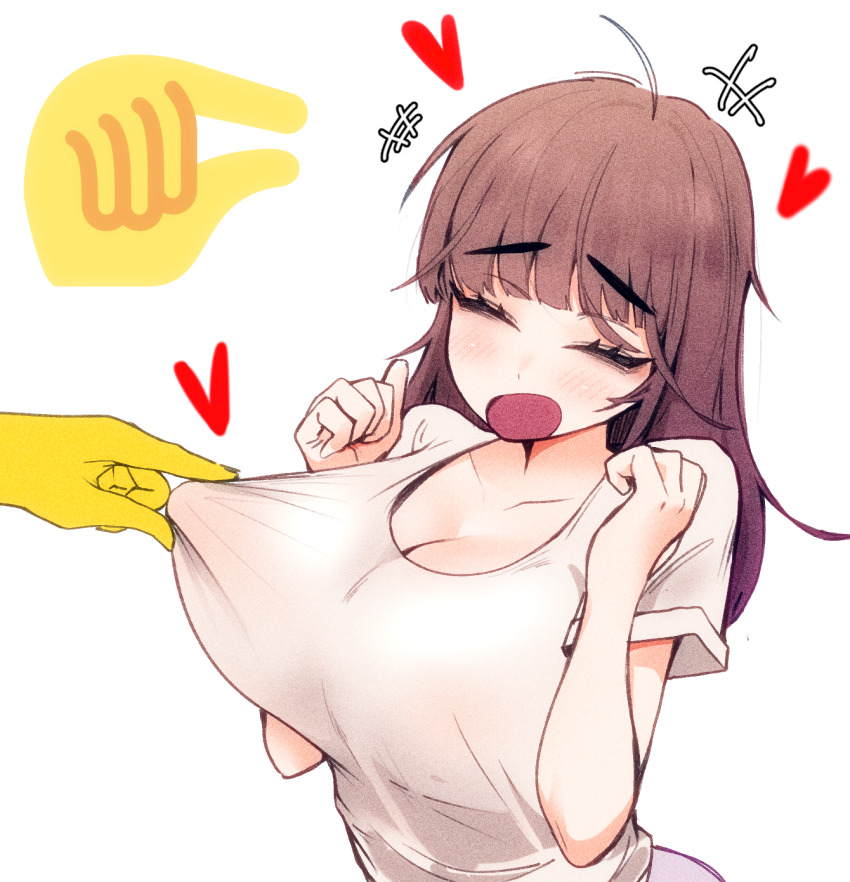 +++, 1girl, ahoge, blunt_bangs, blush, breasts, brown_hair, cleavage, clenched_hands, closed_eyes, collarbone, covered_erect_nipples, dot_nose, emoji, eyelashes, hands_up, heart, highres, huge_nipples, large_breasts, long_hair, nipple_stimulation, nipple_tweak, nipple_tweak_through_clothes, open_mouth, original, shirt, short_sleeves, sidelocks, simple_background, solo, t-shirt, thick_eyebrows, upper_body, white_background, white_shirt, yamma