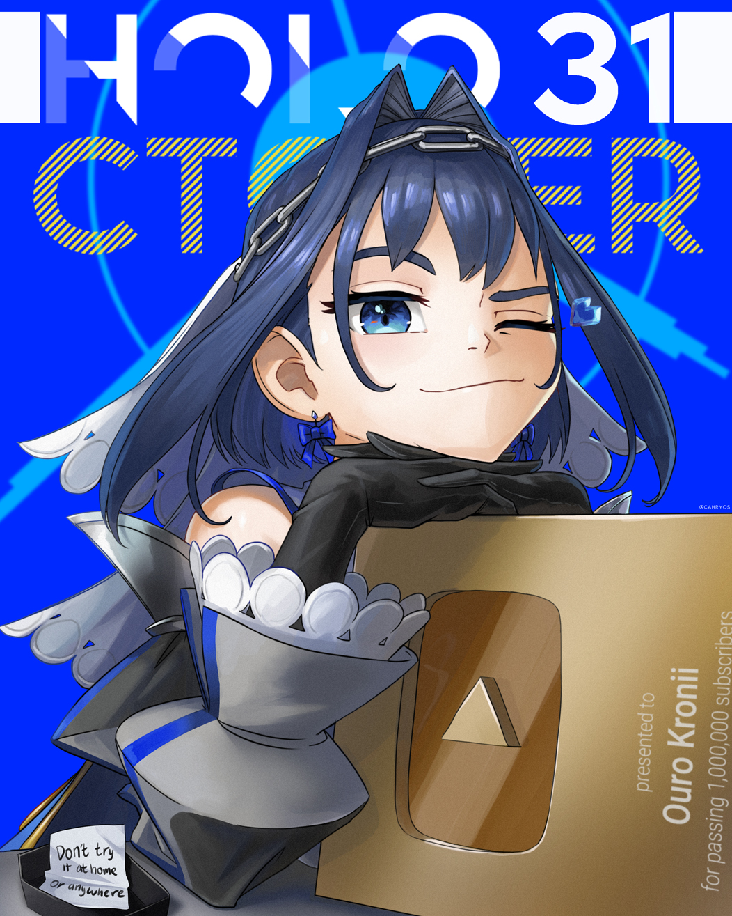 1girl, black_gloves, blue_background, blue_eyes, bow, bow_earrings, cahryos, chain