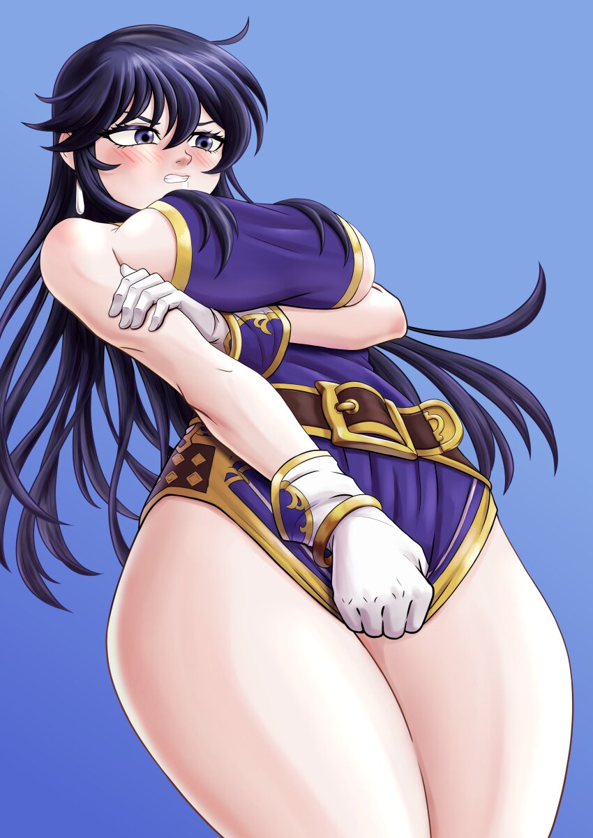 1girl, absurdres, anander0, arm_under_breasts, ayra_(fire_emblem), belt, black_hair, blush, borrowed_clothes, breasts, bursting_breasts, clenched_teeth, commission, commissioner_upload, covering_crotch, covering_privates, curvy, earrings, embarrassed, fire_emblem, fire_emblem:_genealogy_of_the_holy_war, from_below, gloves, highres, jewelry, long_hair, nintendo, purple_tunic, sideboob, sidelocks, skirt, skirt_tug, solo, teeth, thighs, tight_clothes, tunic, undersized_clothes