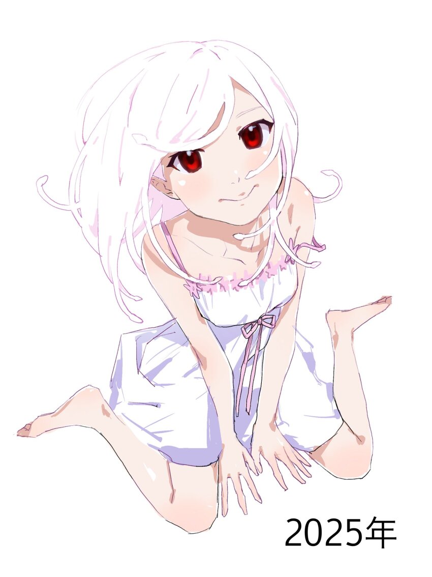 1girl, bare_shoulders, barefoot, bow, closed_mouth, collarbone, dress, dress_bow, feet, from_above, full_body, god_nadeko, highres, long_hair, looking_at_viewer, looking_up, monogatari_(series), official_alternate_color, official_alternate_eye_color, official_alternate_hair_color, pink_bow, pink_trim, red_eyes, sengoku_nadeko, simple_background, sitting, sleeveless, sleeveless_dress, smile, snake, solo, spaghetti_strap, strap_slip, sundress, tagme, tonabe, wariza, white_background, white_dress, white_hair