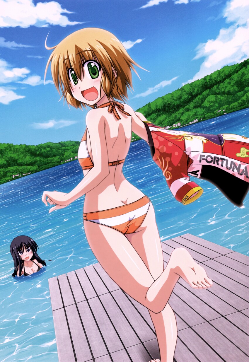 2girls, absurdres, ass, barefoot, bikini, bikini_top_only, black_bikini, black_hair