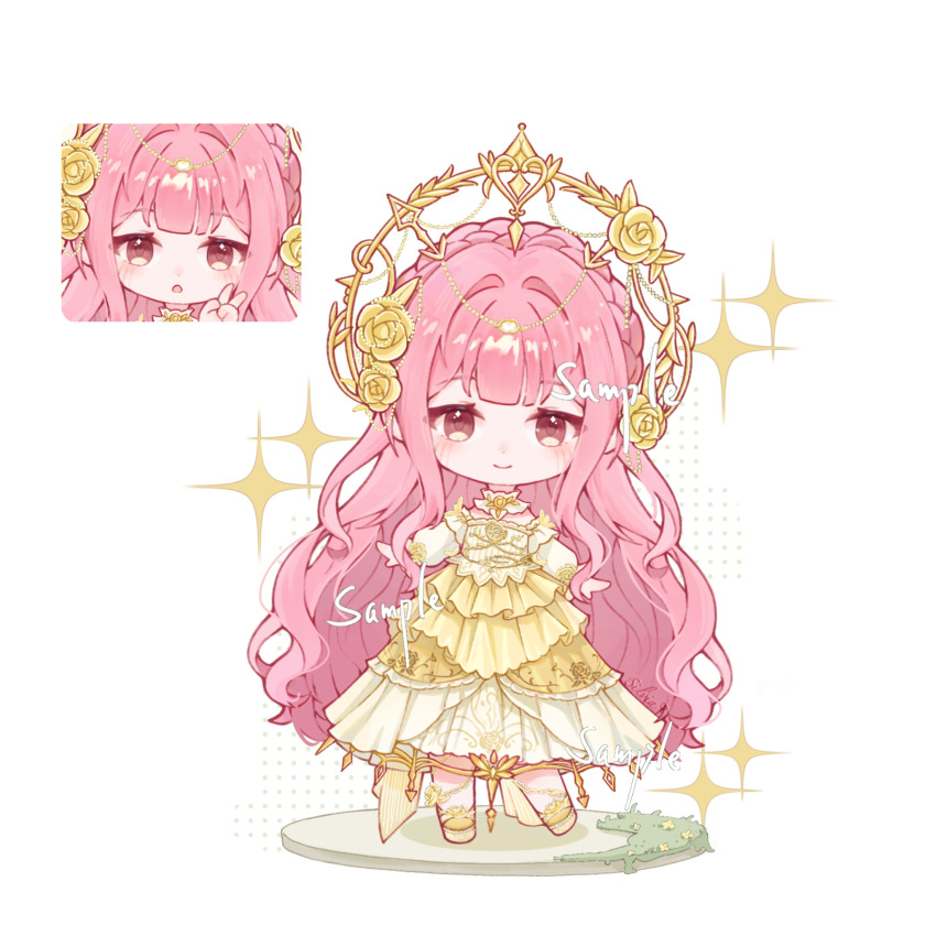 1girl, :o, absurdly_long_hair, arrow_(symbol), ayayayai, bare_shoulders, blunt_bangs, braid, brown_eyes, chibi, chinese_commentary, choker, close-up, closed_mouth, commentary_request, crown_braid, dot_nose, dress, eyelashes, floral_print, flower, frilled_choker, frilled_dress, frills, gown, hair_flower, hair_intakes, hair_ornament, halftone, halo, halo_behind_head, happy, highres, infinity_nikki, light_blush, long_dress, long_hair, long_sleeves, neck_flower, nikki_(nikki), nikki_(series), off-shoulder_dress, off_shoulder, pink_hair, procreate_(medium), puffy_long_sleeves, puffy_sleeves, rose, rose_print, sample_watermark, shoes, sidelocks, simple_background, smile, solo, sparkle, v, very_long_hair, watermark, wavy_hair, white_background, white_choker, white_sleeves, wishful_aurosa_(infinity_nikki), yellow_dress, yellow_flower, yellow_halo, yellow_rose, yellow_shoes