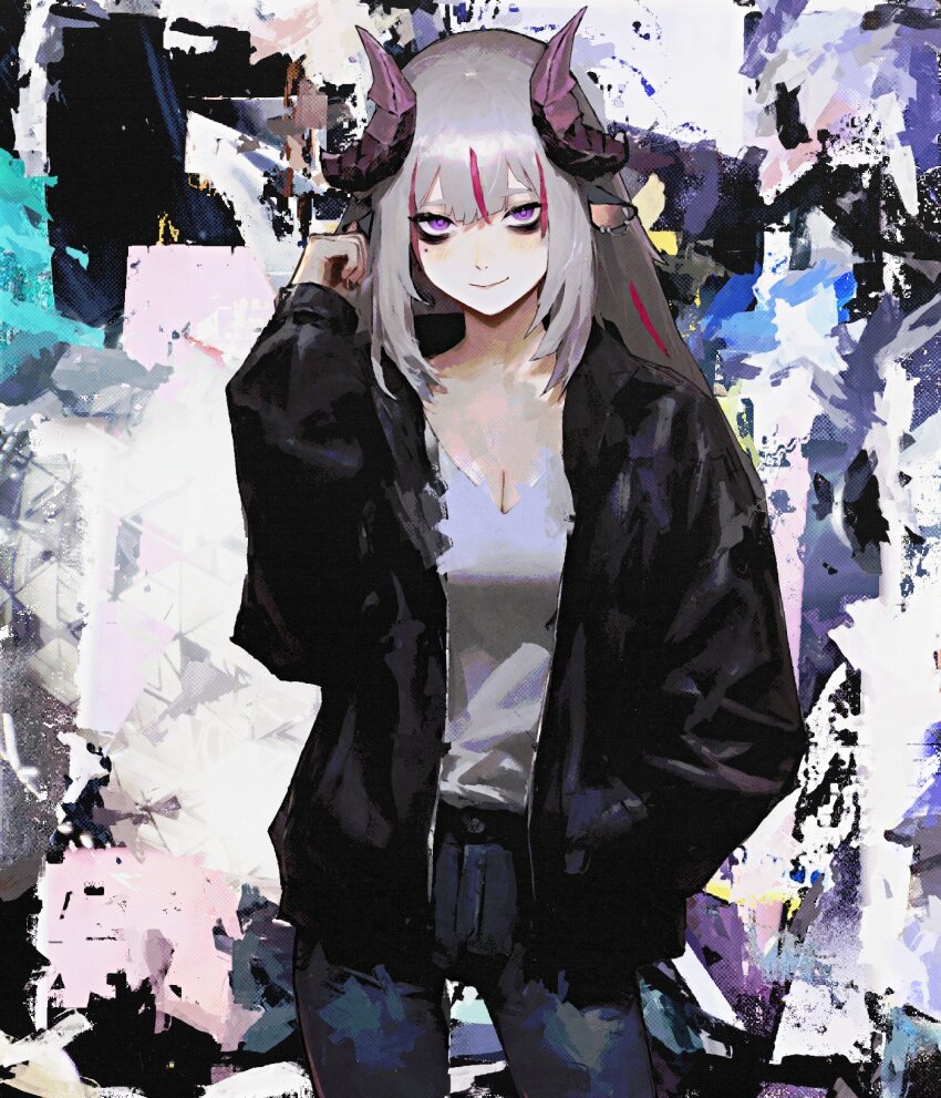 1girl, alternate_costume, animal_ears, black_jacket, breasts, chikafuji_lisa, cleavage, closed_mouth