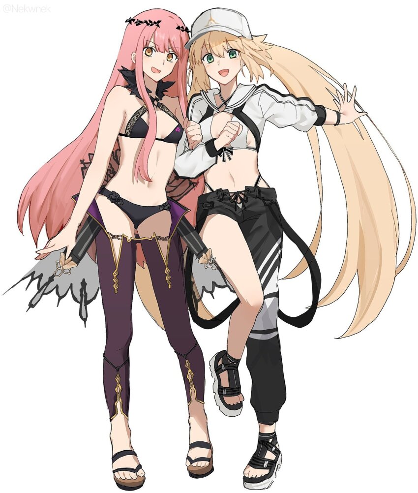 2girls, artoria_caster_(fate), artoria_caster_(swimsuit_berserker)_(first_ascension)_(fate), artoria_pendragon_(fate), asymmetrical_clothes, baseball_cap, bikini, black_bikini