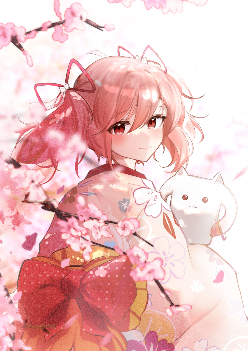 1girl, absurdres, branch, cherry_blossoms, floral_print, highres, japanese_clothes, kaname_madoka