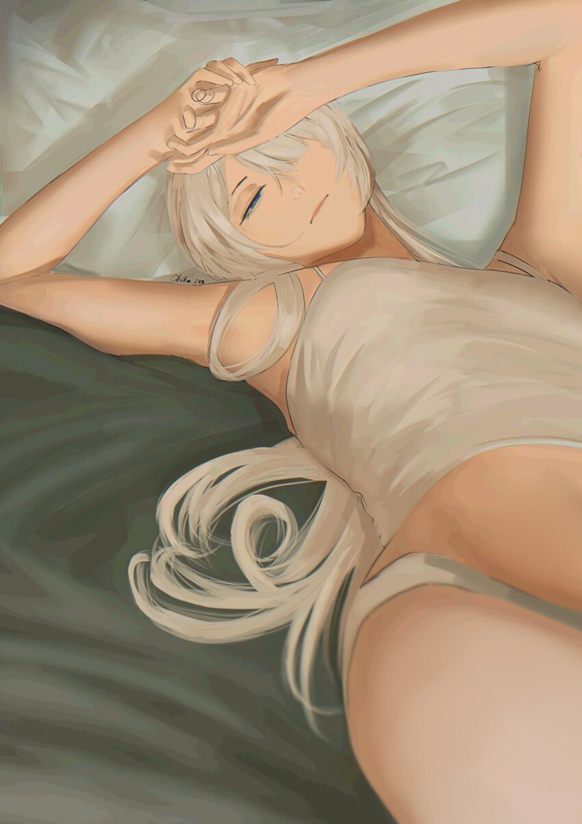 1girl, ak-15_(girls'_frontline), bed, belly, chika_232, closed_mouth, girls'_frontline, grey_hair
