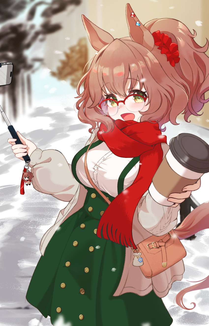 1girl, absurdres, animal_ears, aston_machan_(casual)_(umamusume), aston_machan_(umamusume), bag, blurry, blurry_background