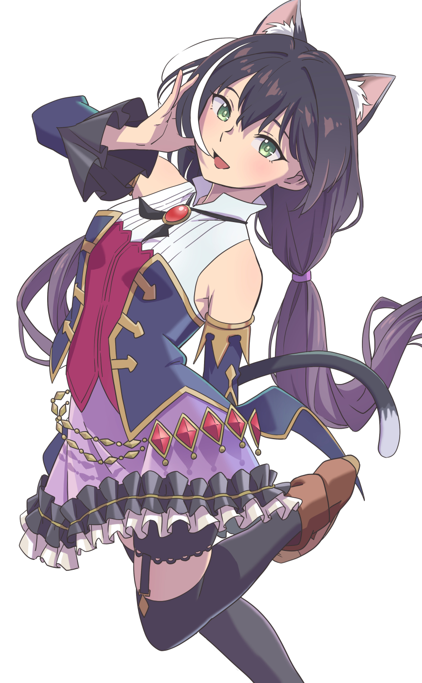 1girl, absurdres, animal_ear_fluff, animal_ears, black_ears, black_hair, black_tail, black_thighhighs