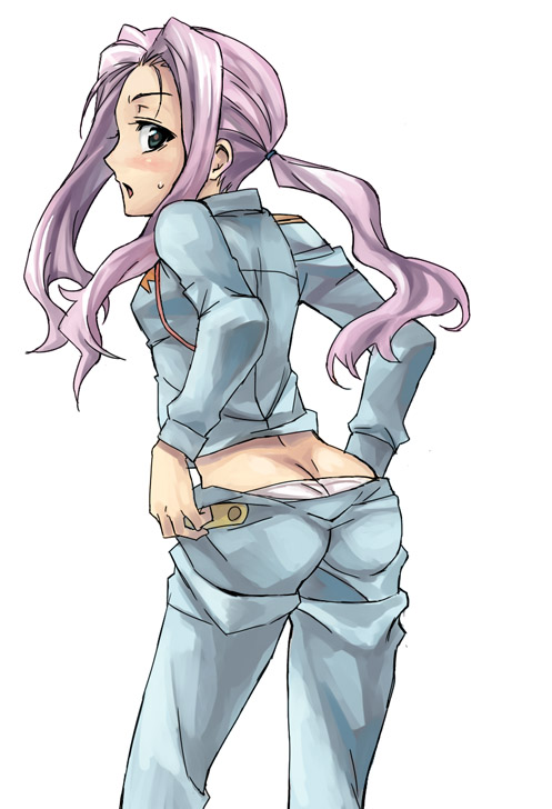 00s, 1girl, ass, blush, butt_crack, darry_adai, female_focus, green_eyes, kno1, long_hair, looking_back, lowleg, lowleg_panties, open_mouth, panties, pink_hair, ponytail, purple_hair, solo, sweat, sweatdrop, tengen_toppa_gurren_lagann, underwear, undressing, white_panties