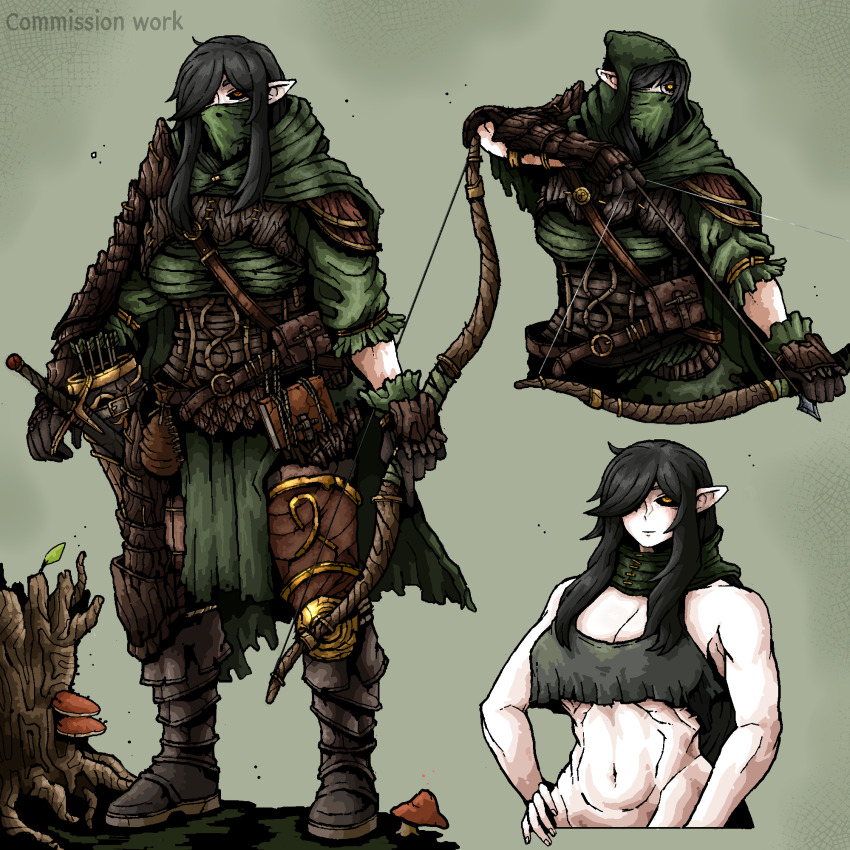 1girl, armor, baklava, black_hair, black_sclera, boots, bow_(weapon), cloak