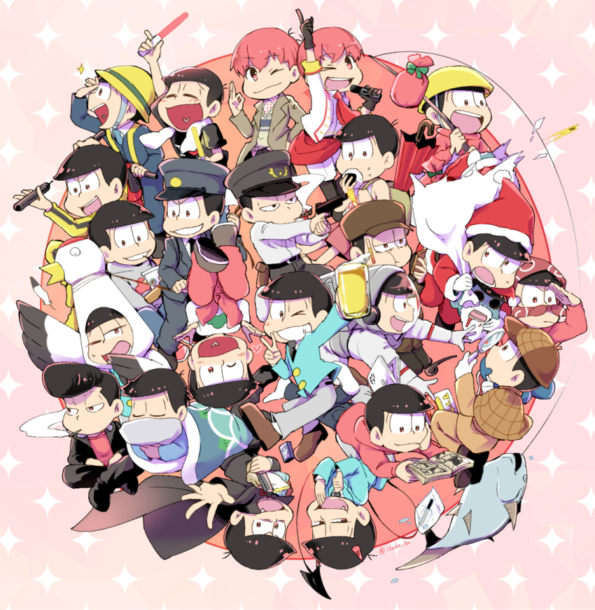 >_o, 6+boys, alcohol, animal_costume, antenna_hair, arm_up, ascot, backpack