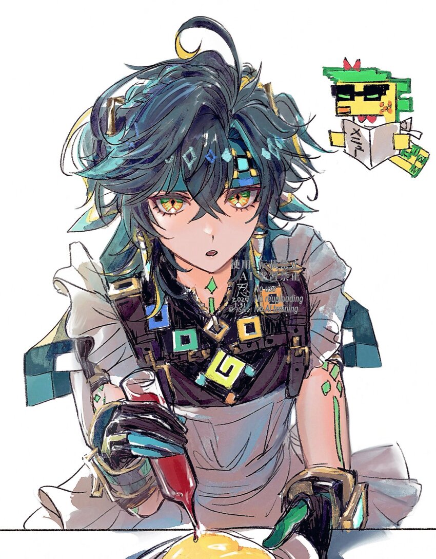 1boy, 756zl, ahoge, ajaw_(genshin_impact), alternate_costume, apron, arm_tattoo, bandana