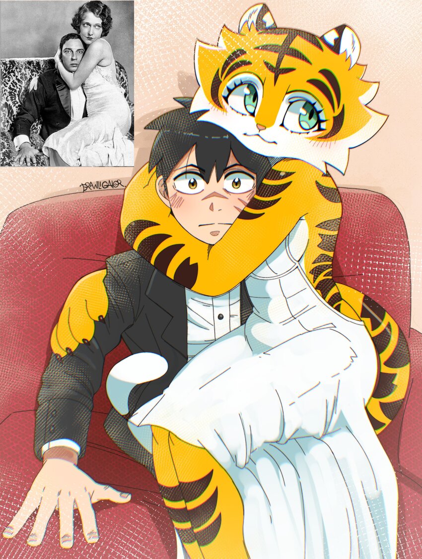 1boy, 1girl, absurdres, animal_ears, animal_print, aura_(drawligator), backless_dress, backless_outfit