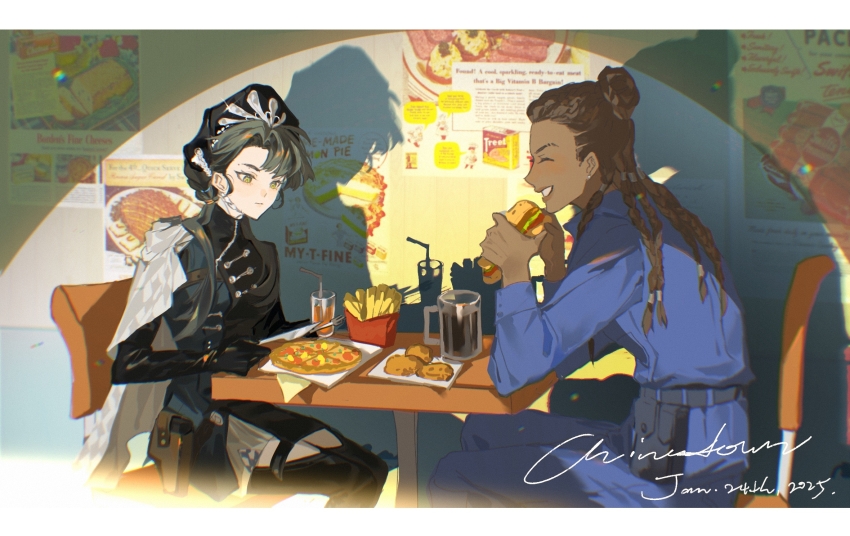 2girls, belt_pouch, beret, black_dress, black_footwear, black_gloves, black_hair, black_hat