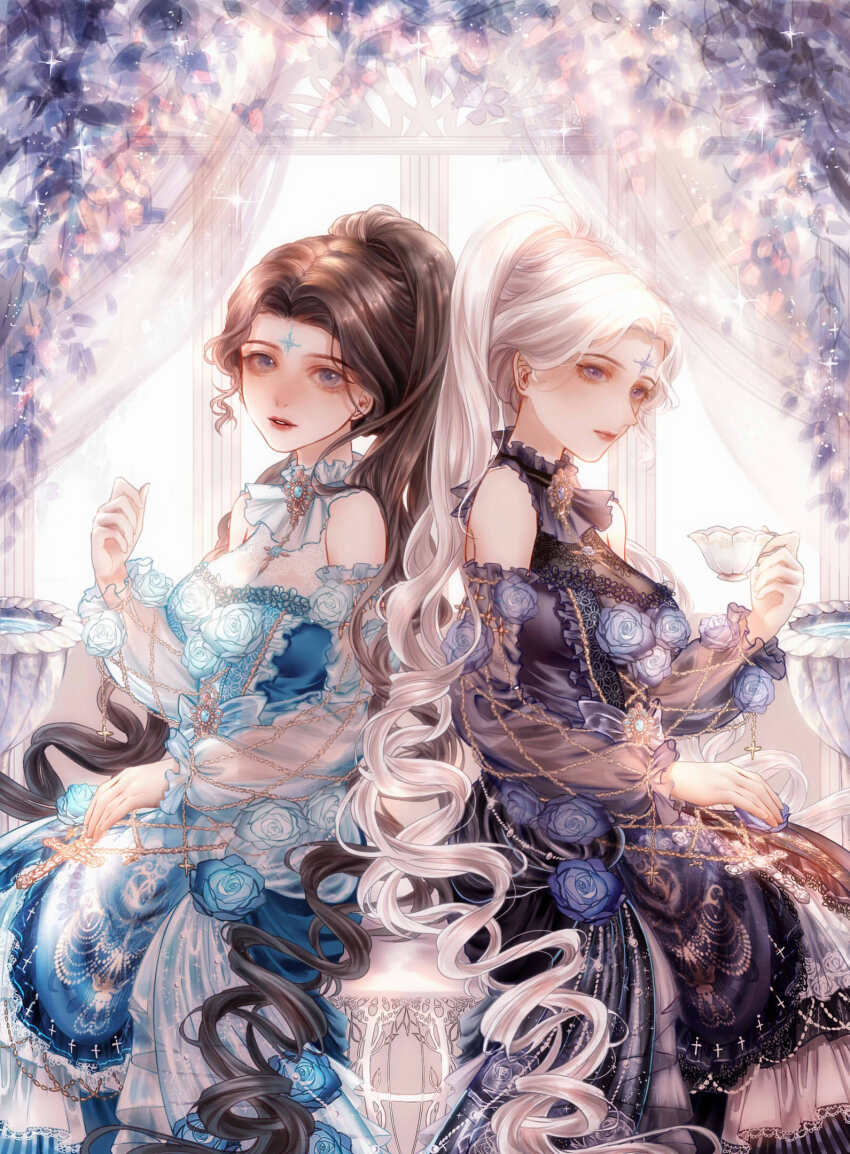 2girls, absurdly_long_hair, ascot, astar0w0, back, bare_shoulders, black_sleeves, blue_dress