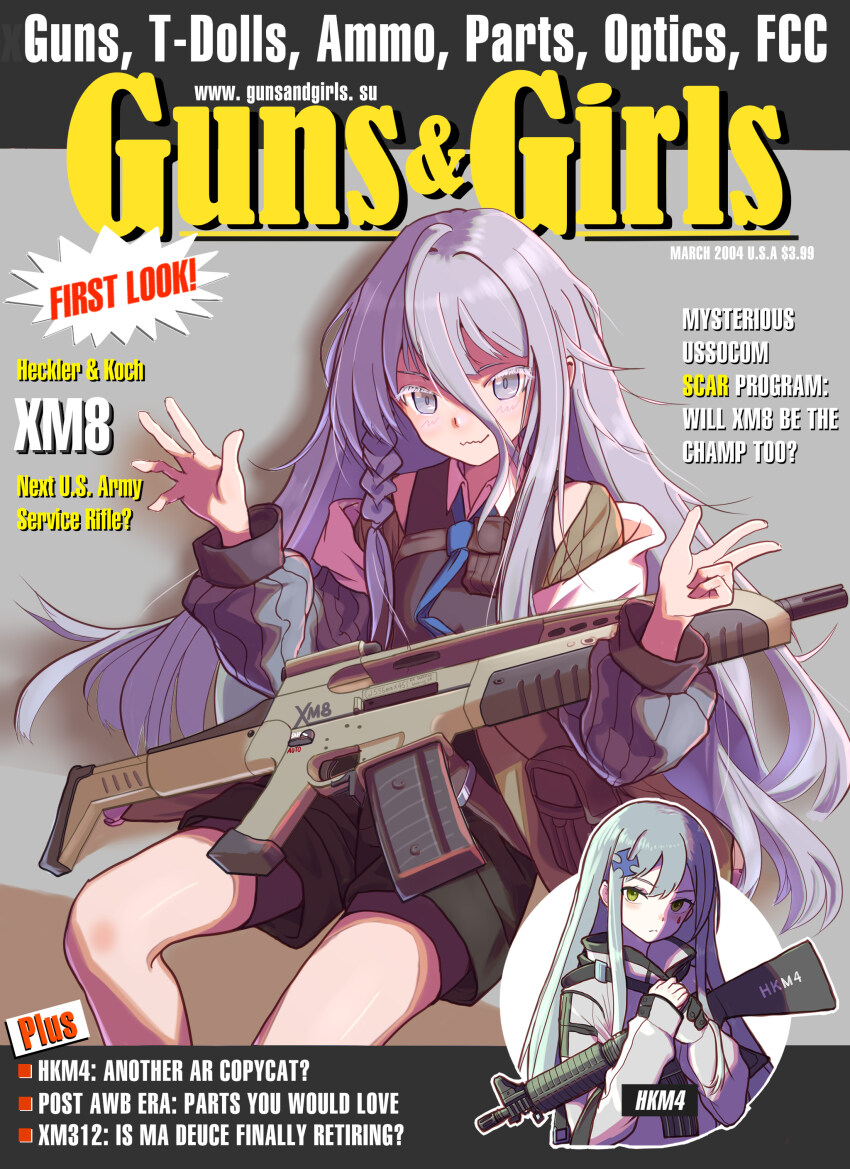 2girls, absurdres, alternate_costume, assault_rifle, black_jacket, black_shirt, black_shorts, blue_hair