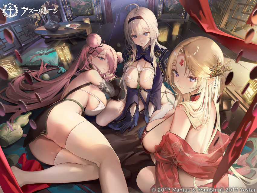3girls, ahoge, azur_lane, black_gloves, black_hairband, blonde_hair, blue_eyes, breasts