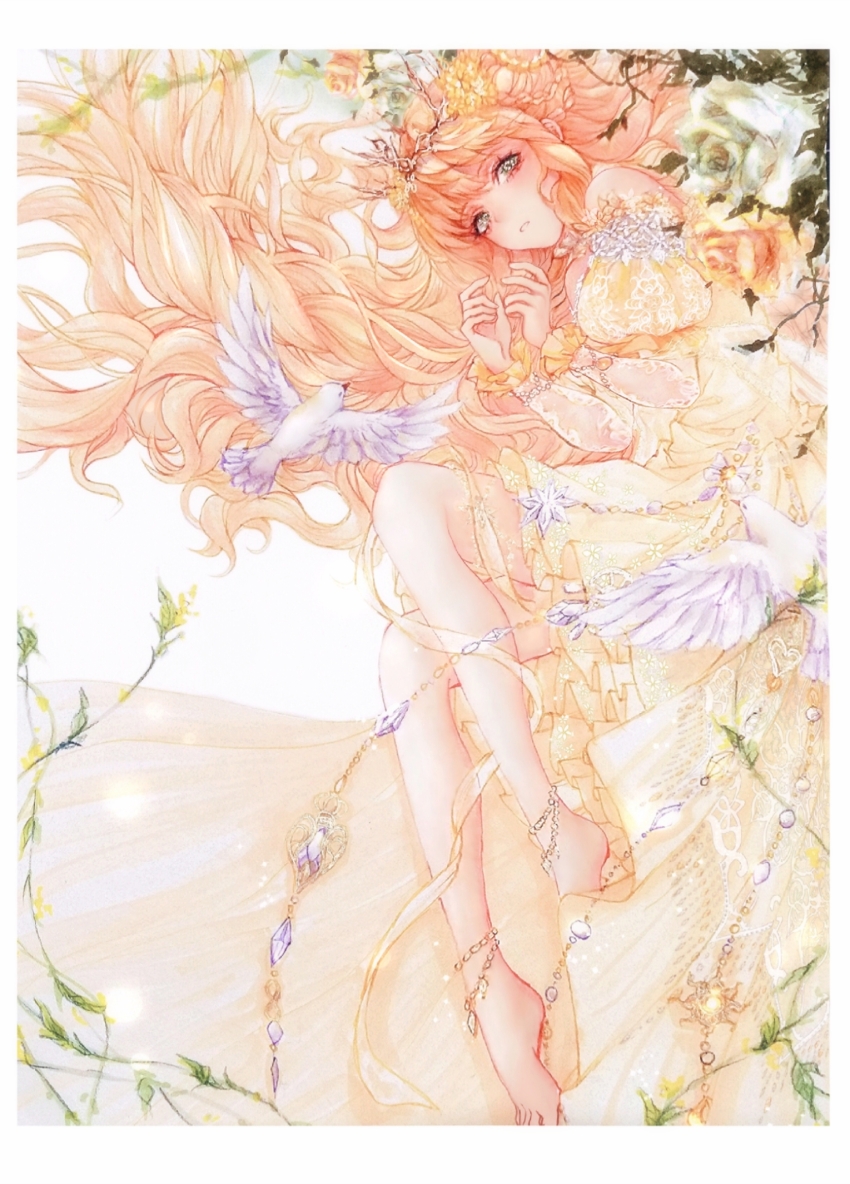 1girl, anklet, astar0w0, bare_shoulders, barefoot, bead_anklet, bead_bracelet, beads