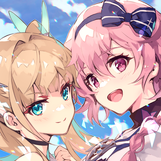 2girls, :d, aqua_eyes, aster_tatariqus, black_choker, blonde_hair, blue_sky, bow_hairband, braid, brown_hair, camelot_academy_of_chivalry_school_uniform, choker, closed_mouth, cloud, commentary_request, day, dinatan_(aster_tatariqus), guinevere_(aster_tatariqus), hair_between_eyes, hair_intakes, hairband, long_hair, looking_at_viewer, multiple_girls, official_art, open_mouth, pink_eyes, pink_hair, school_uniform, second-party_source, single_braid, sky, smile, teeth, upper_teeth_only, v-shaped_eyebrows