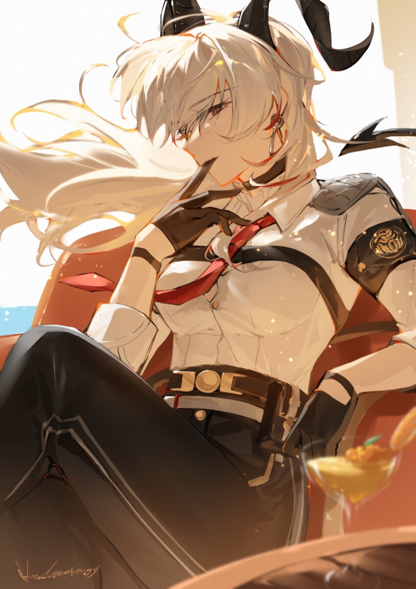 1girl, armband, biting, biting_glove, black_armband, black_gloves, black_horns, black_pants