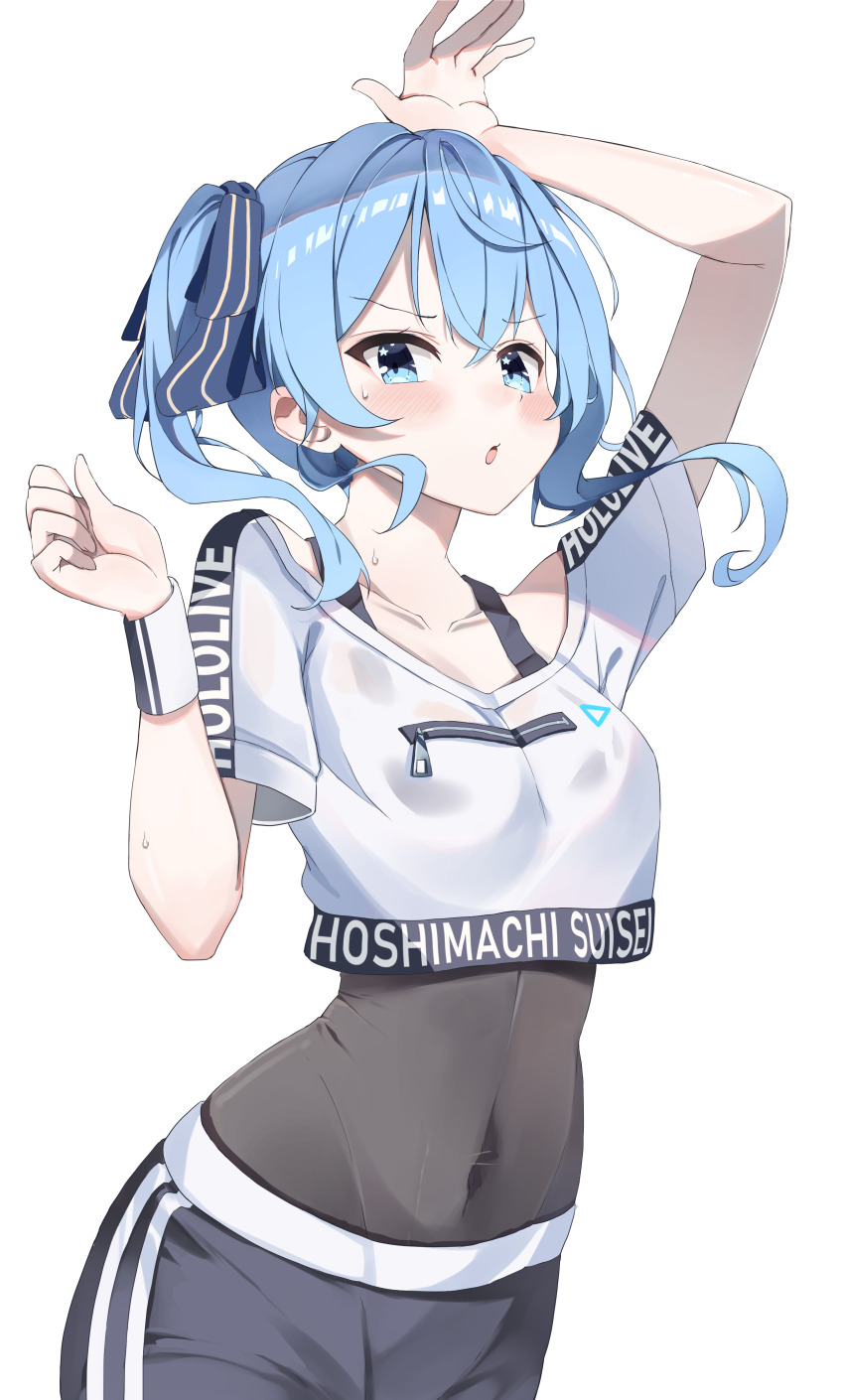 1girl, :o, absurdres, arm_up, black_shorts, blue_eyes, blue_hair, blush