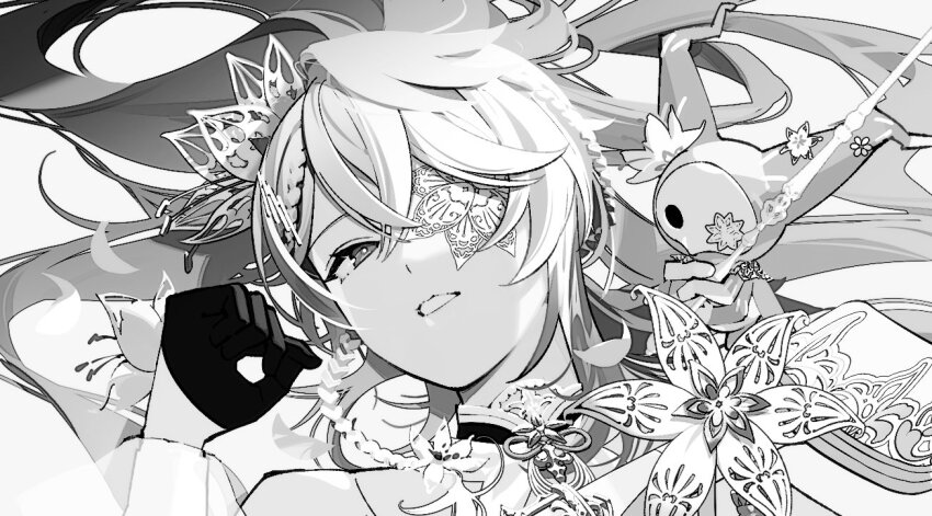 1boy, eyepatch, gloves, greyscale, hair_between_eyes, half_gloves, holostars, holostars_english