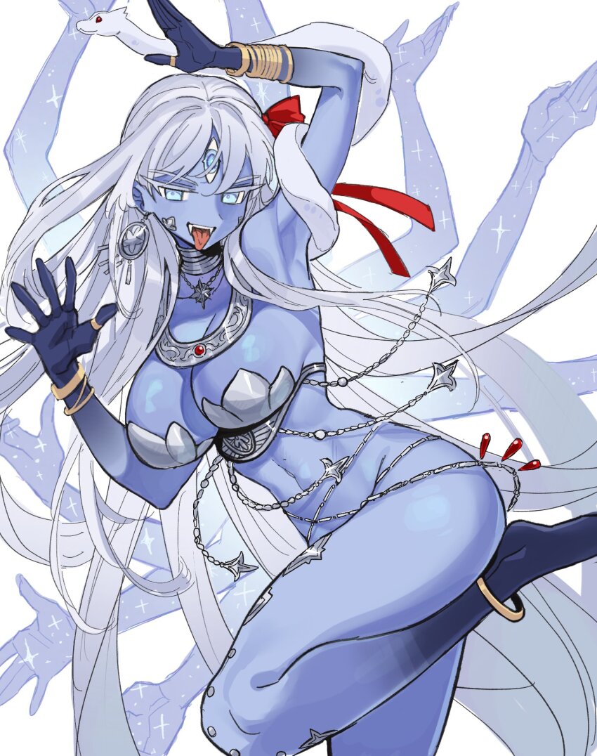 1girl, anklet, armor, bare_shoulders, barefoot, belly_chain, bikini_armor, blue_eyes