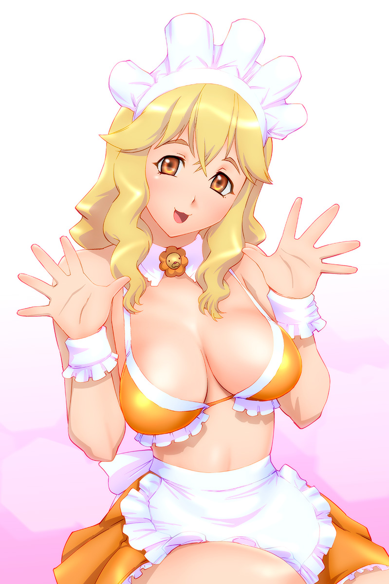 1girl, ac_japan, aisatsu_no_mahou, apron, bikini, bikini_top_only, blonde_hair, breasts